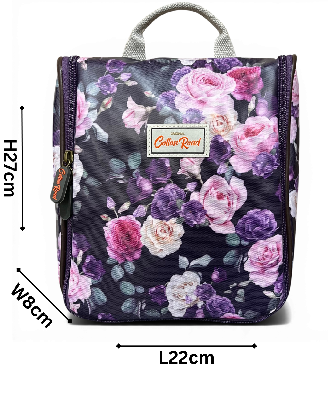 Purple floral Cotton Road toiletry bag with zippered compartments and hanging handle