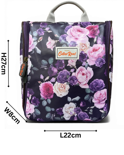 Purple floral Cotton Road toiletry bag with zippered compartments and hanging handle