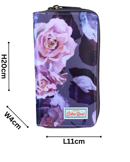Large purple floral PVC Cotton Road Wallet with multiple compartments and card slots
