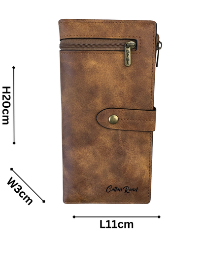 Cotton Road Wallet large khaki PU leather with outside zip pocket and multiple card slots