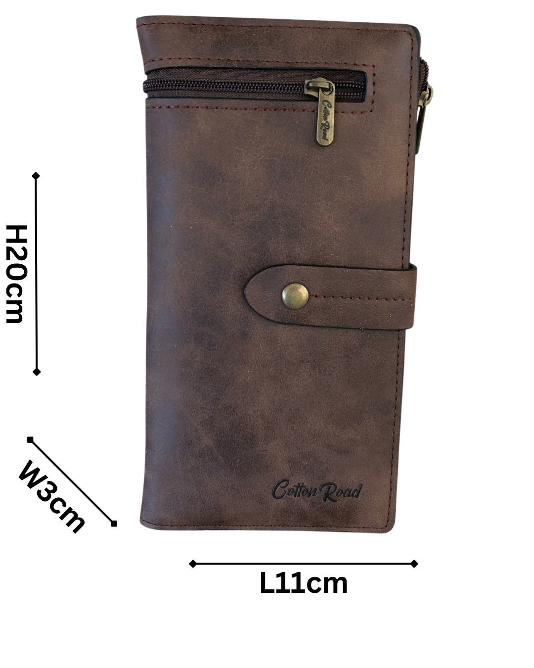 Cotton Road Wallet in brown PU leather with outside zip pocket, multiple card slots, and spacious compartments for organized storage