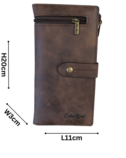 Cotton Road Wallet in brown PU leather with outside zip pocket, multiple card slots, and spacious compartments for organized storage