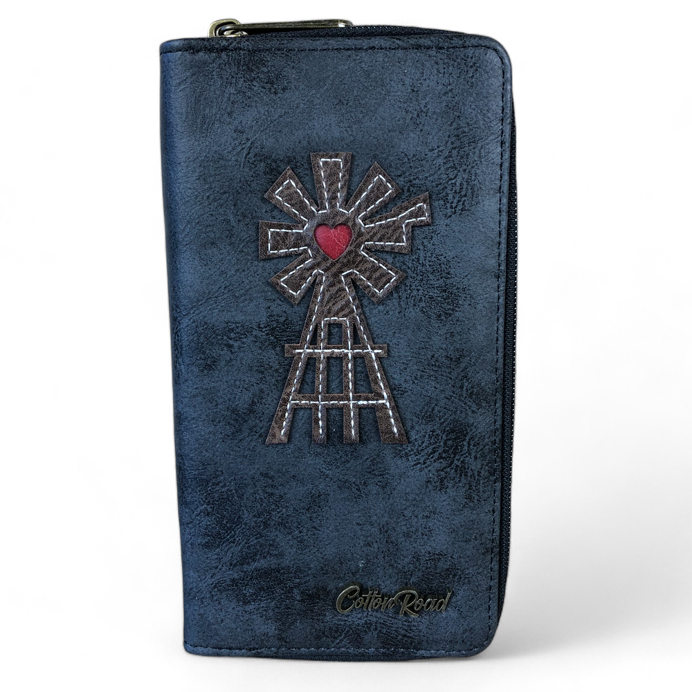 Large BLACK Cotton Road PU Leather Wallet with WINDMILL