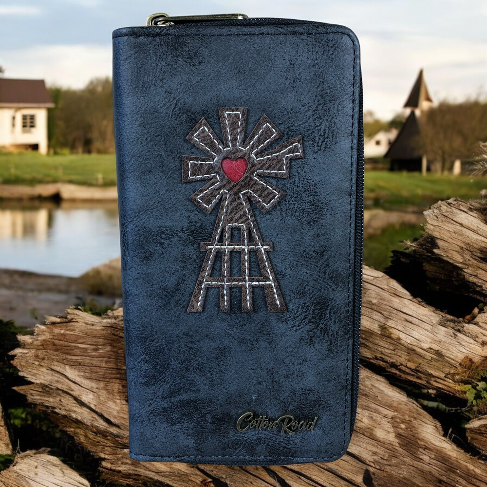 Large BLACK Cotton Road PU Leather Wallet with WINDMILL
