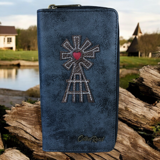 Large BLACK Cotton Road PU Leather Wallet with WINDMILL