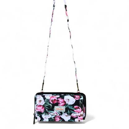 Large BLACK Cotton Road PVC Cellphone Sling Wallet with FLOWERS
