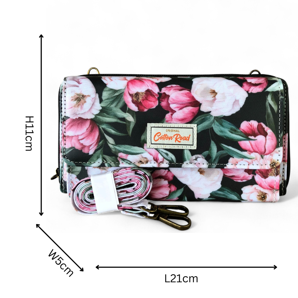Large BLACK Cotton Road PVC Cellphone Sling Wallet with FLOWERS