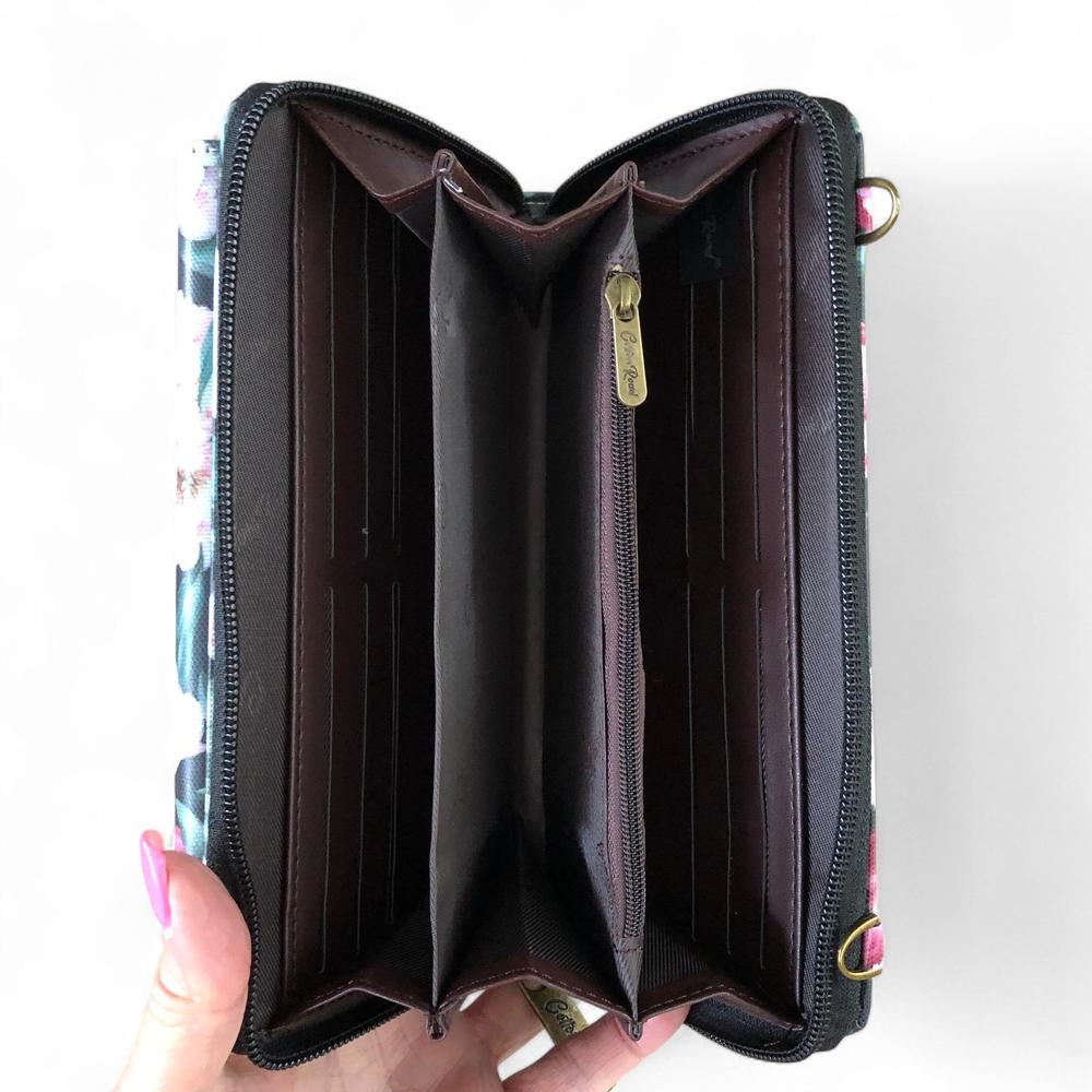 Large BLACK Cotton Road PVC Cellphone Sling Wallet with FLOWERS