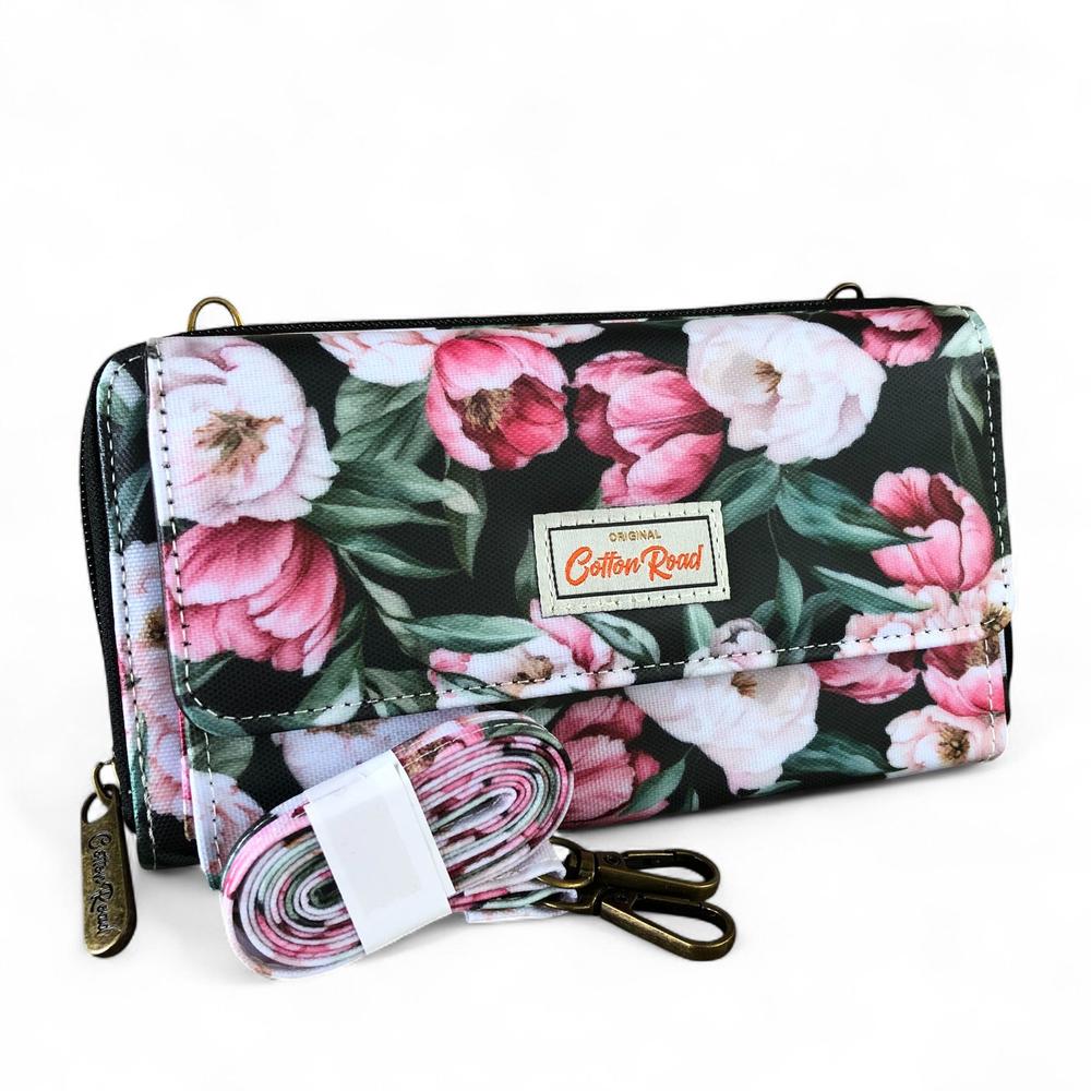 Large BLACK Cotton Road PVC Cellphone Sling Wallet with FLOWERS