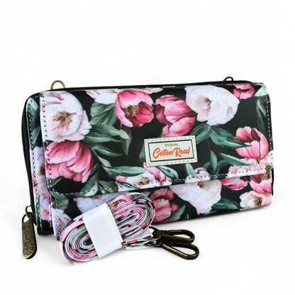 Large BLACK Cotton Road PVC Cellphone Sling Wallet with FLOWERS