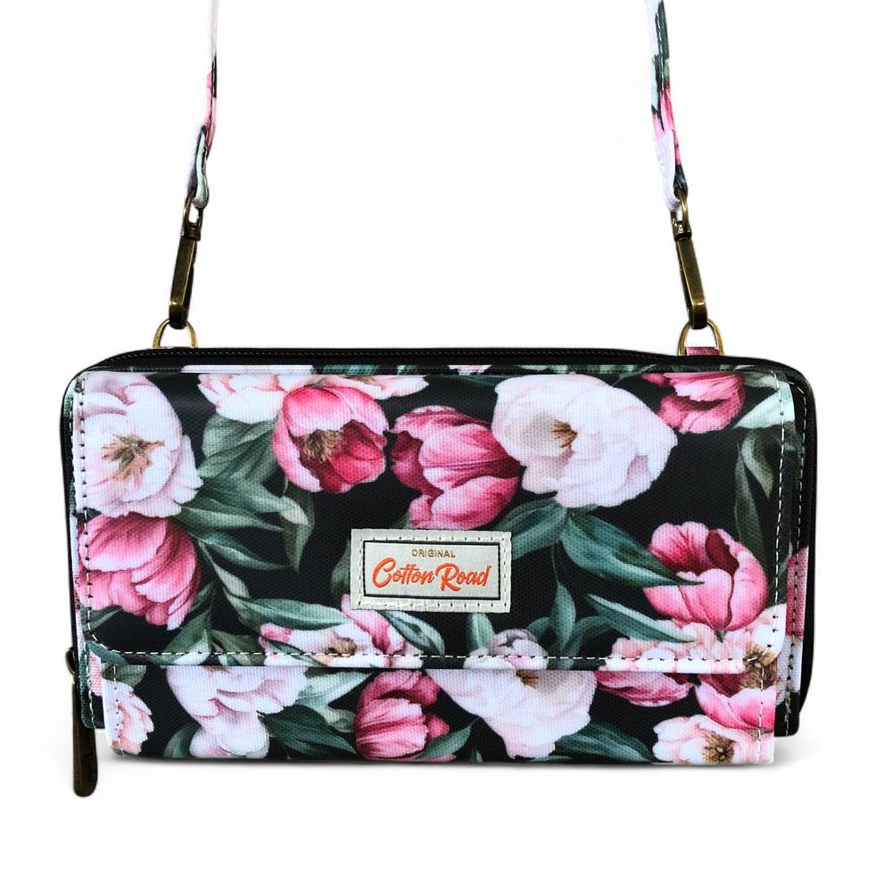 Large BLACK Cotton Road PVC Cellphone Sling Wallet with FLOWERS