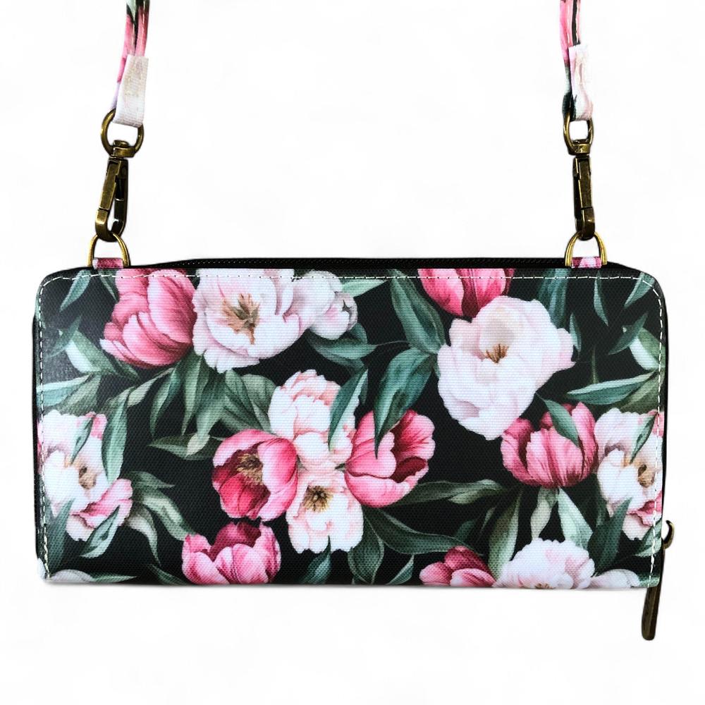 Large BLACK Cotton Road PVC Cellphone Sling Wallet with FLOWERS