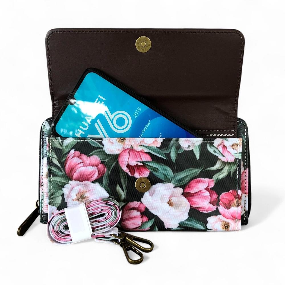 Large BLACK Cotton Road PVC Cellphone Sling Wallet with FLOWERS