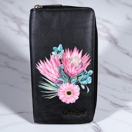 Large BLACK PU LEATHER Cotton Road Wallet with PROTEA