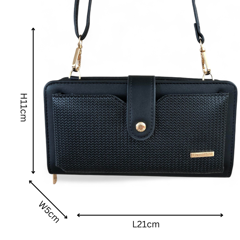 Large BLACK PU Leather Cotton Road Cellphone Sling Wallet with PATTERNED Pocket