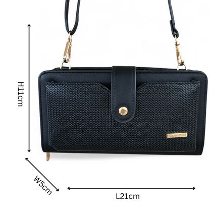 Large BLACK PU Leather Cotton Road Cellphone Sling Wallet with PATTERNED Pocket