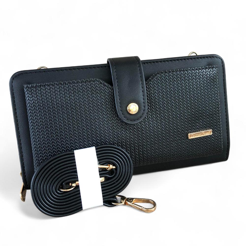 Large BLACK PU Leather Cotton Road Cellphone Sling Wallet with PATTERNED Pocket