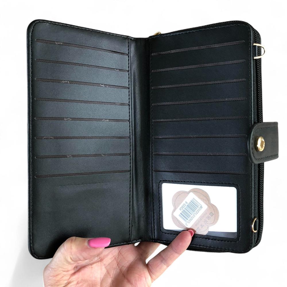 Large BLACK PU Leather Cotton Road Cellphone Sling Wallet with PATTERNED Pocket