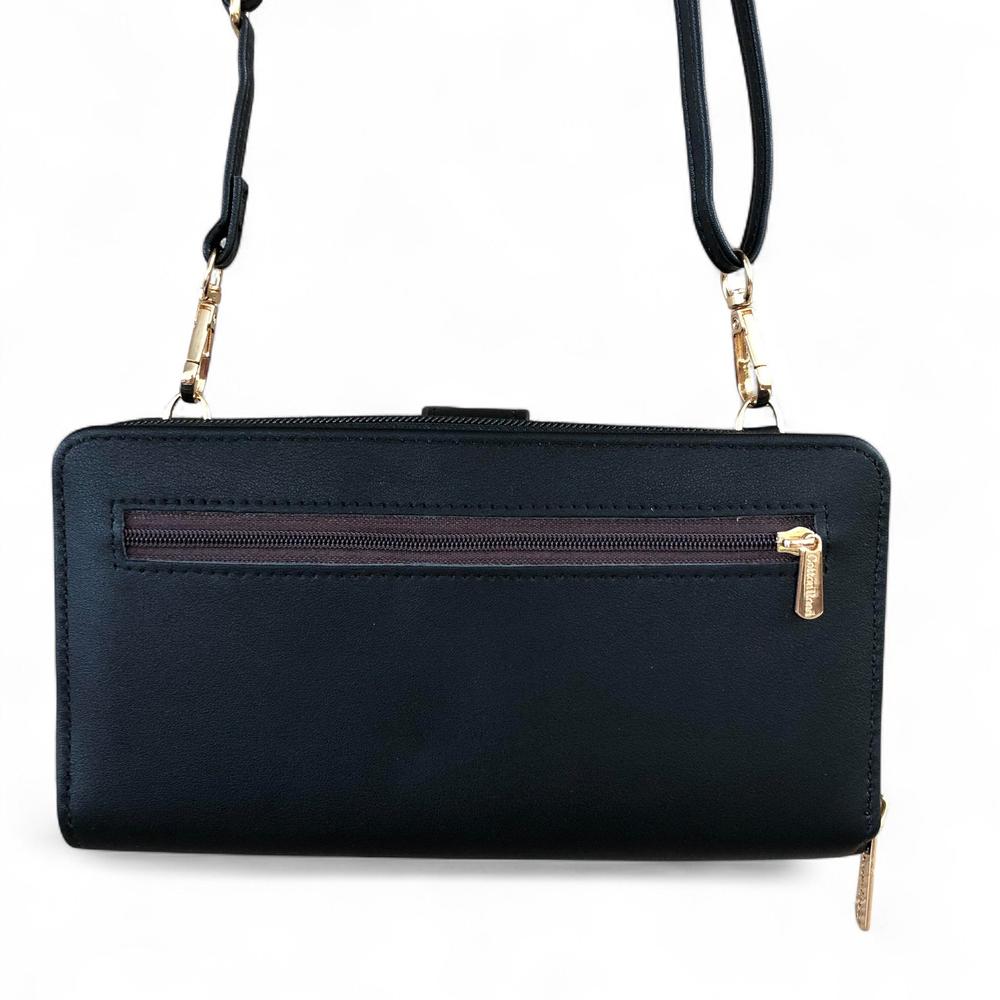 Large BLACK PU Leather Cotton Road Cellphone Sling Wallet with PATTERNED Pocket