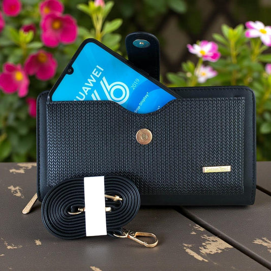 Large BLACK PU Leather Cotton Road Cellphone Sling Wallet with PATTERNED Pocket