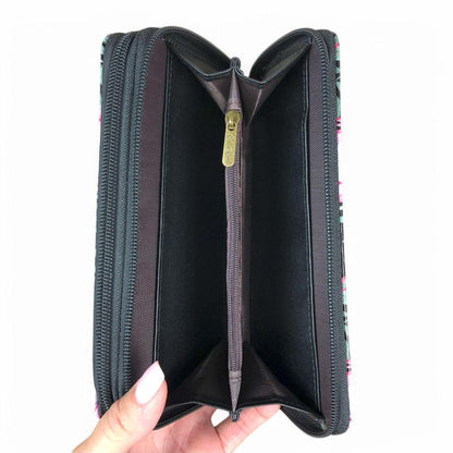 Large BLACK PVC Cotton Road Wallet with PROTEAS open