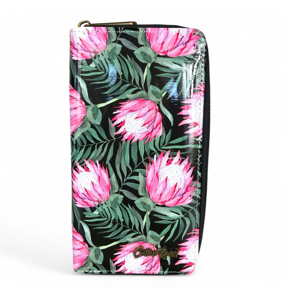 Large BLACK PVC Cotton Road Wallet with PROTEAS outside