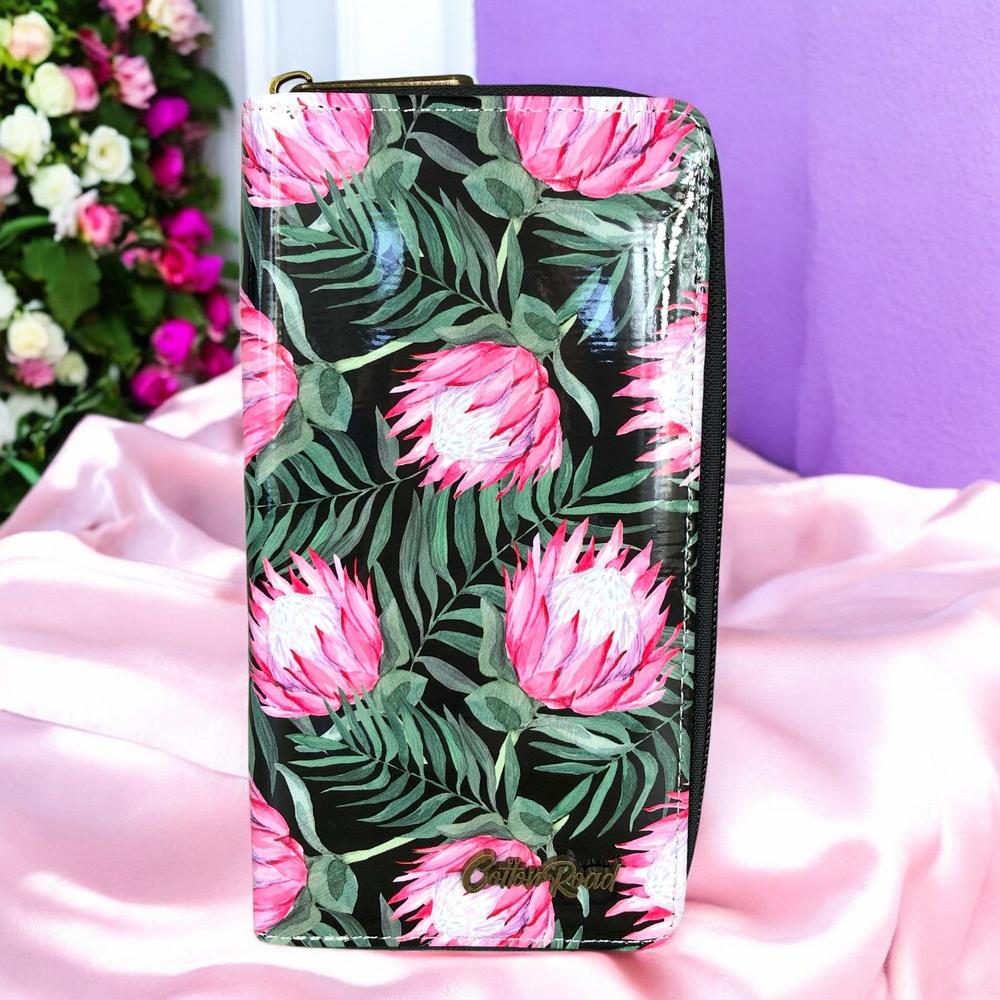 Large BLACK PVC Cotton Road Wallet with PROTEAS pink