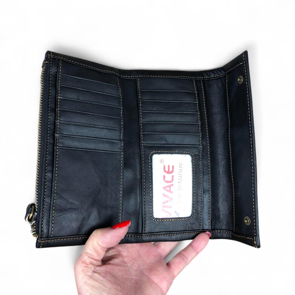 Large BLACK Tri-Fold VIVACE Genuine Leather Wallet with TOPSTITCH