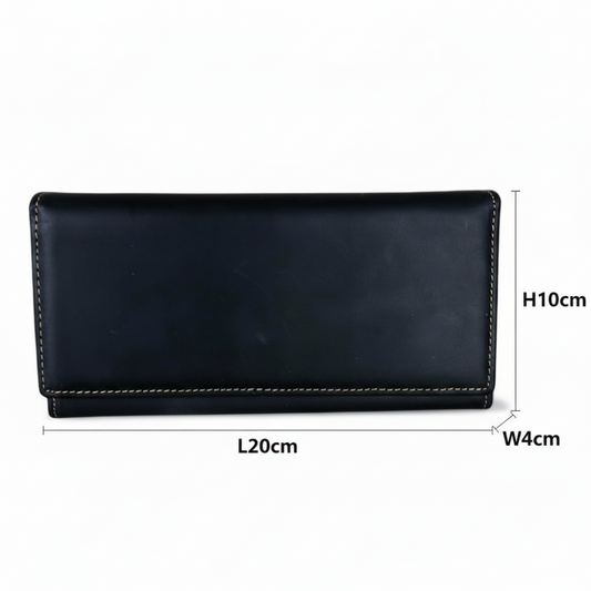 Vivace Wallet: Large BLACK Genuine Leather Wallet with Twin Zip Pockets SIZED