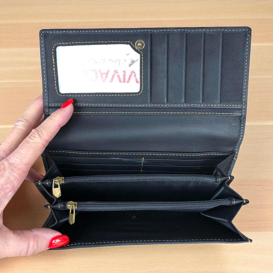 Large BLACK VIVACE Genuine Leather Wallet with Twin Zip Pockets