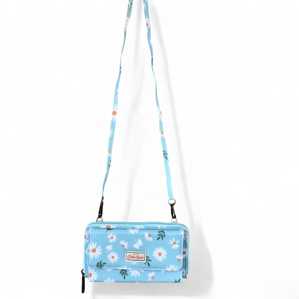 Large BLUE Cotton Road PVC Cellphone Sling Wallet with DAISIES