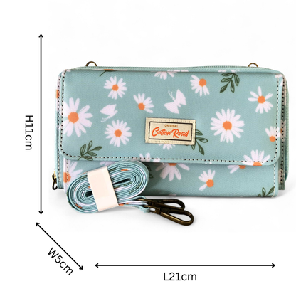 Large BLUE Cotton Road PVC Cellphone Sling Wallet with DAISIES