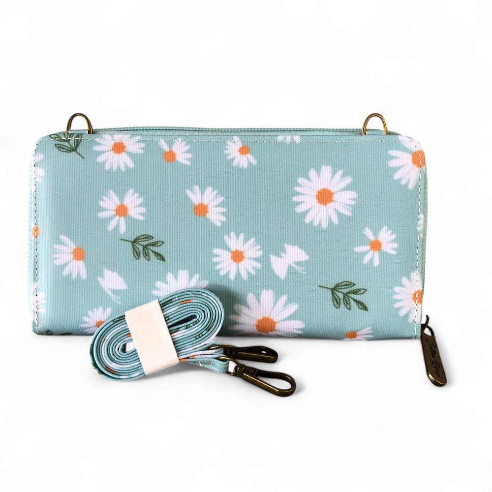 Large BLUE Cotton Road PVC Cellphone Sling Wallet with DAISIES