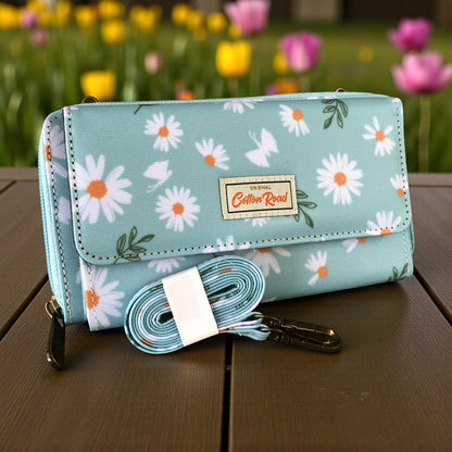Large BLUE Cotton Road PVC Cellphone Sling Wallet with DAISIES