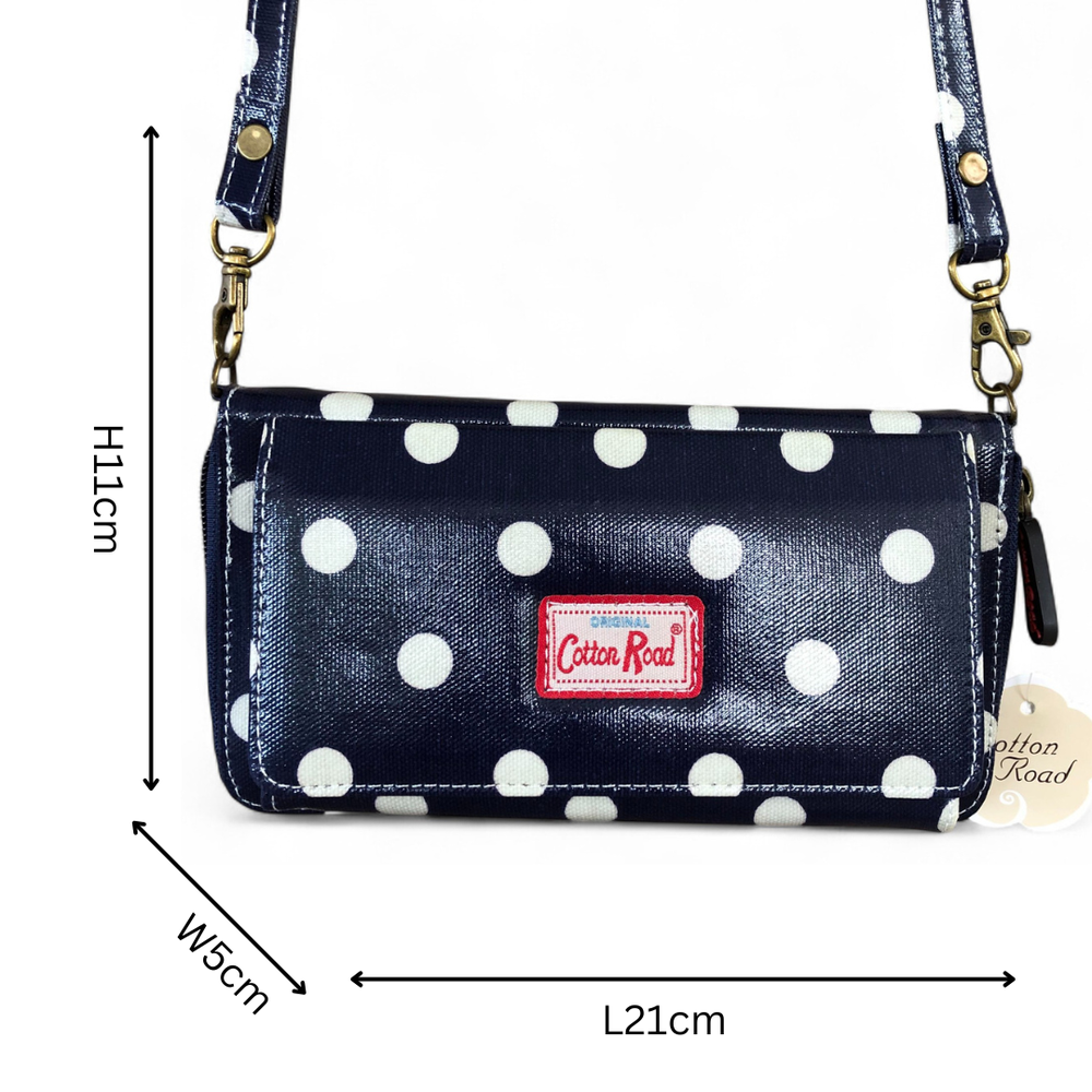 Large BLUE Cotton Road PVC Cellphone Sling Wallet with DOTS