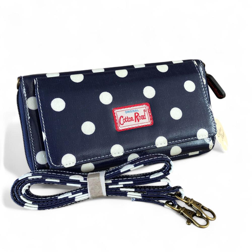 Large BLUE Cotton Road PVC Cellphone Sling Wallet with DOTS