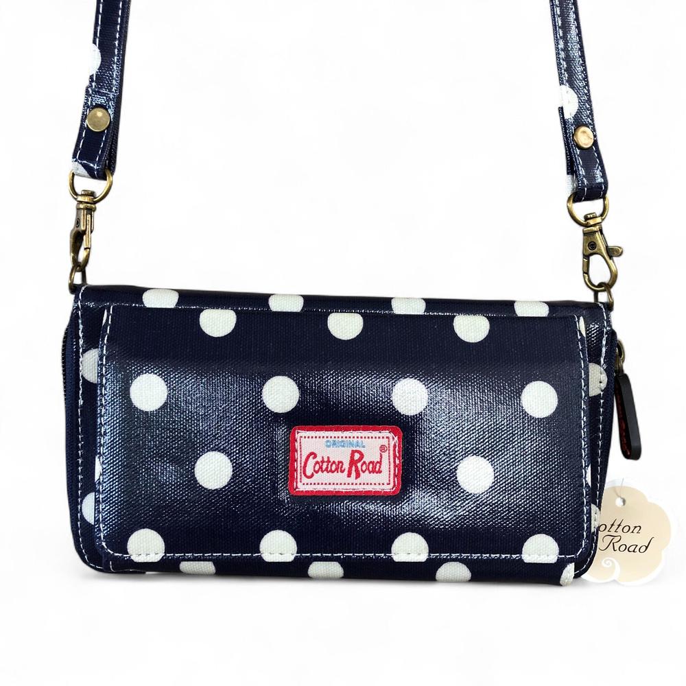 Large BLUE Cotton Road PVC Cellphone Sling Wallet with DOTS