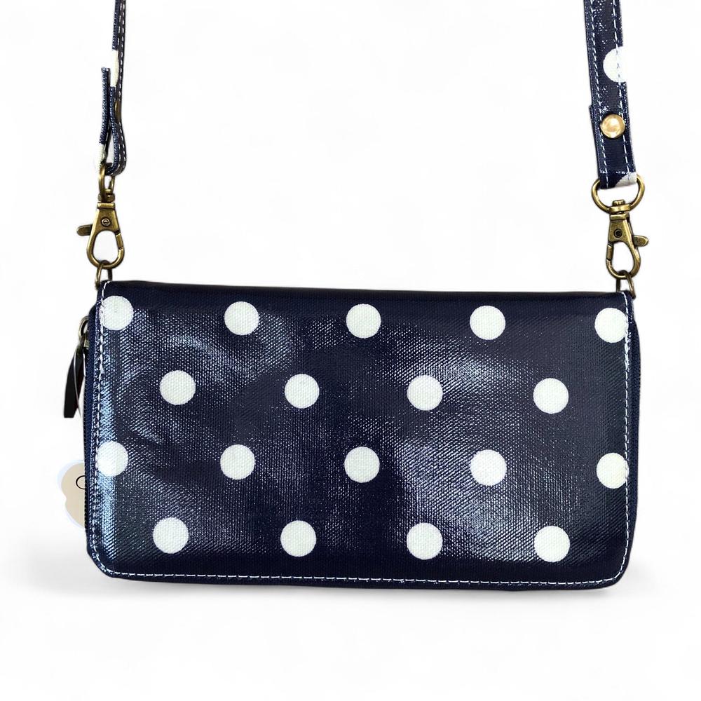 Large BLUE Cotton Road PVC Cellphone Sling Wallet with DOTS