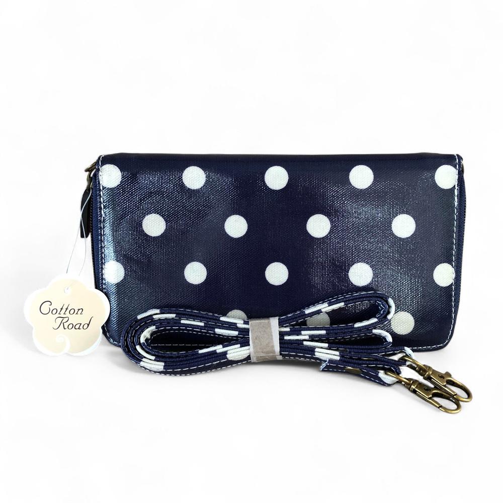 Large BLUE Cotton Road PVC Cellphone Sling Wallet with DOTS