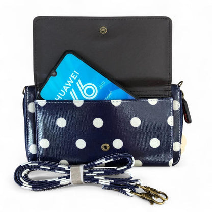 Large BLUE Cotton Road PVC Cellphone Sling Wallet with DOTS