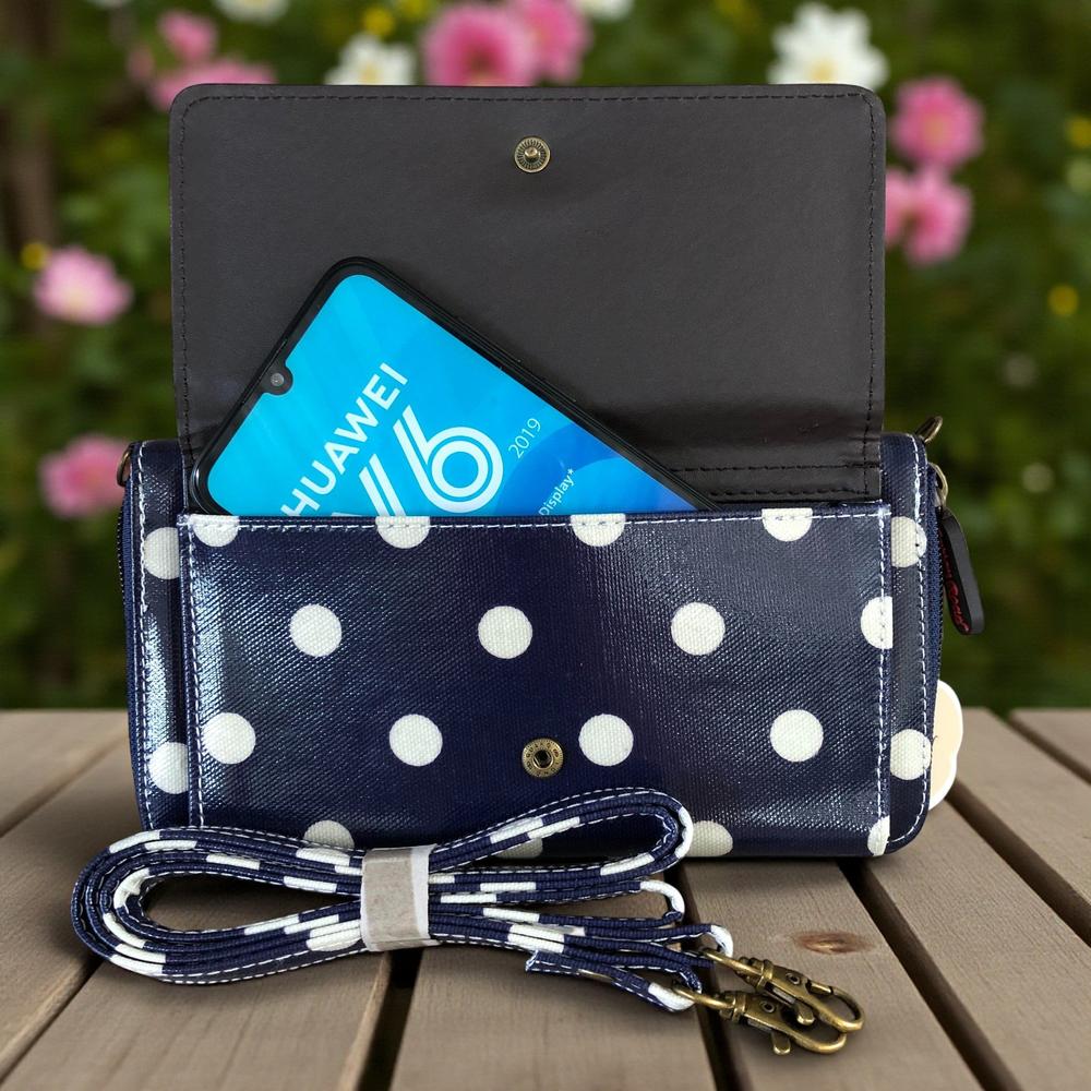 Large BLUE Cotton Road PVC Cellphone Sling Wallet with DOTS