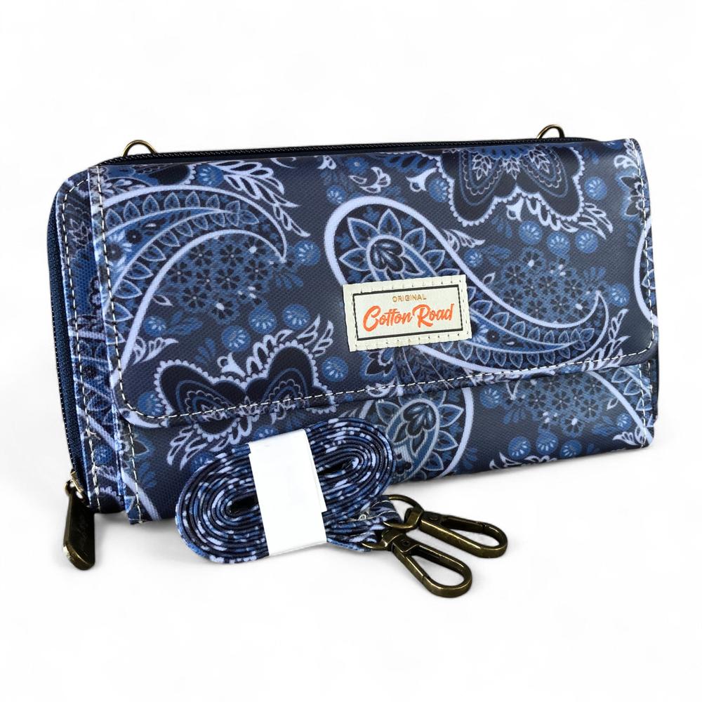 Large BLUE Cotton Road PVC Cellphone Sling Wallet with PAISLEY
