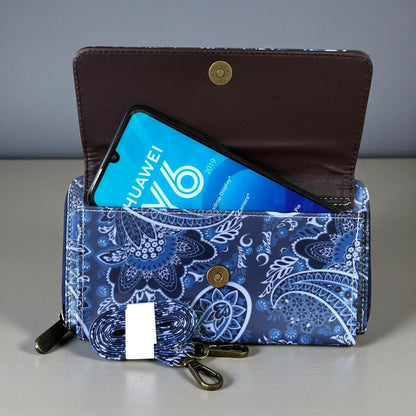 Large BLUE Cotton Road PVC Cellphone Sling Wallet with PAISLEY