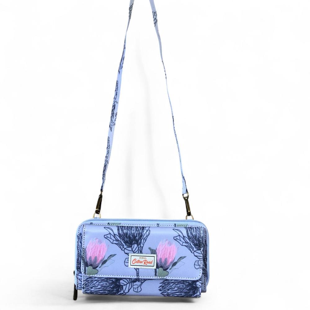 Large BLUE Cotton Road PVC Cellphone Sling Wallet with PROTEAS