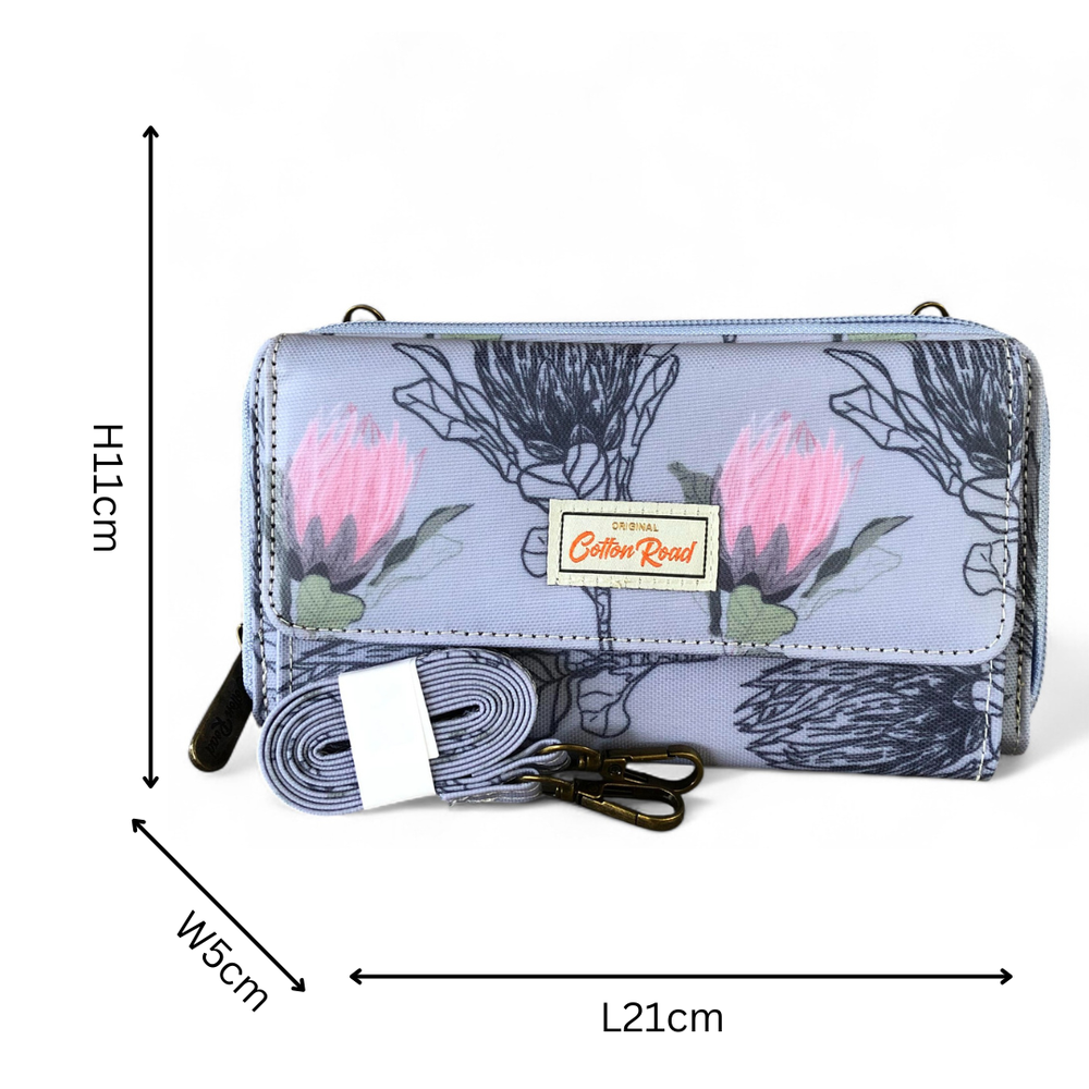 Large BLUE Cotton Road PVC Cellphone Sling Wallet with PROTEAS