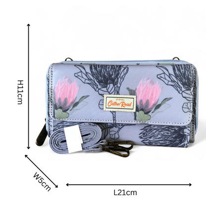 Large BLUE Cotton Road PVC Cellphone Sling Wallet with PROTEAS