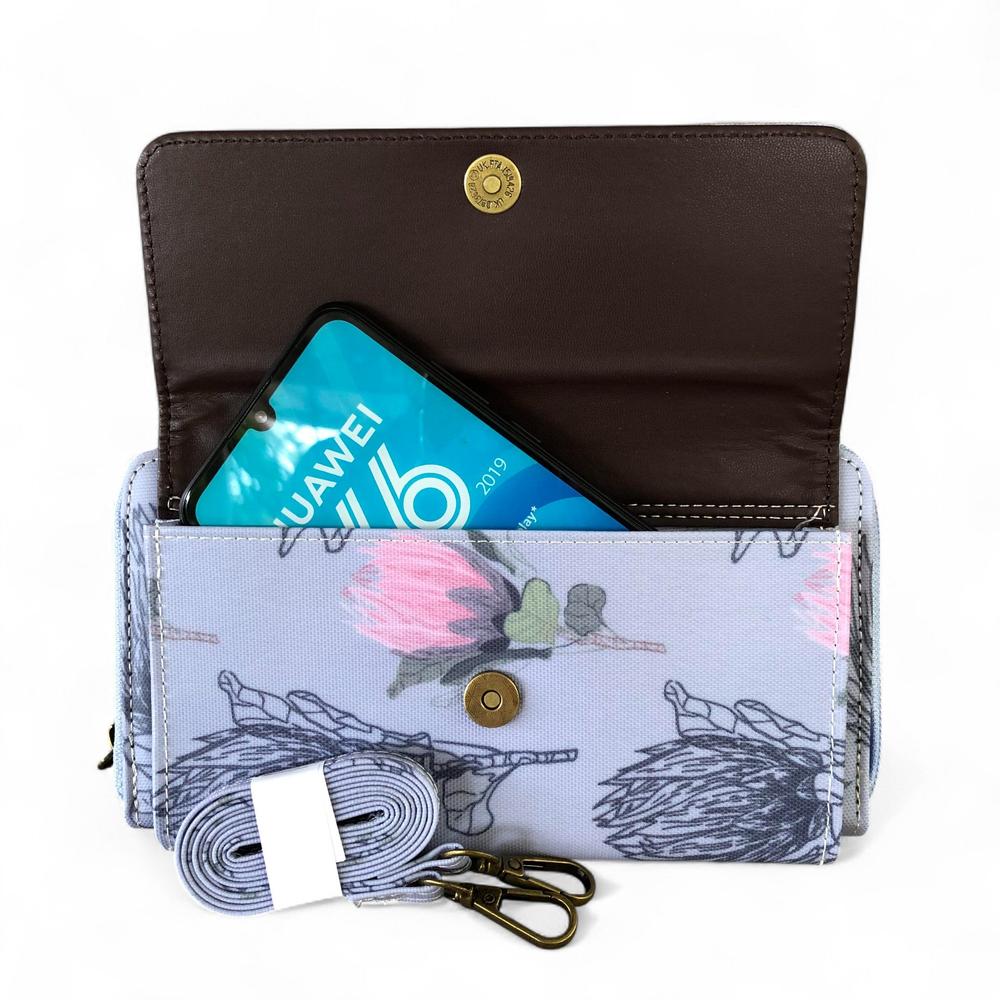 Large BLUE Cotton Road PVC Cellphone Sling Wallet with PROTEAS