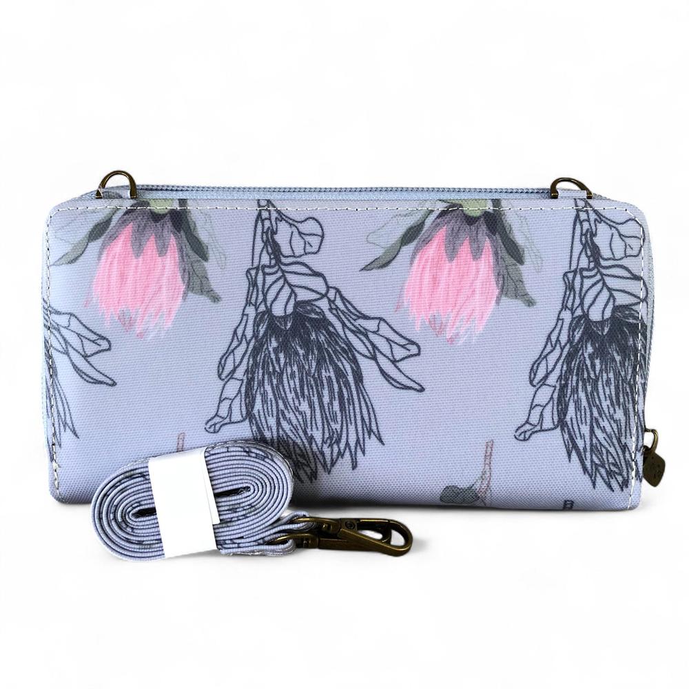 Large BLUE Cotton Road PVC Cellphone Sling Wallet with PROTEAS