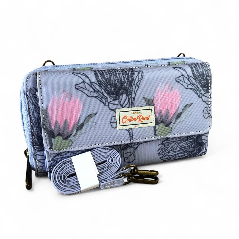 Large BLUE Cotton Road PVC Cellphone Sling Wallet with PROTEAS