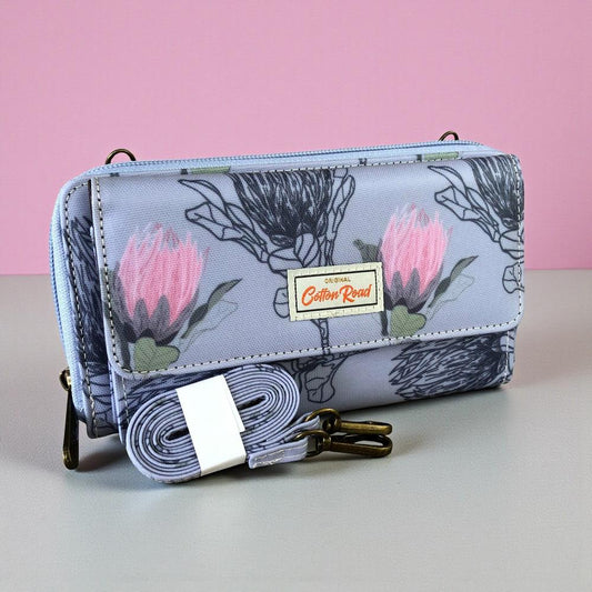 Large BLUE Cotton Road PVC Cellphone Sling Wallet with PROTEAS
